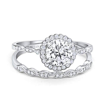 14K White Gold Two Piece Round Wedding Ring Bridal Set Band Engagement Simulated CZ Size-7